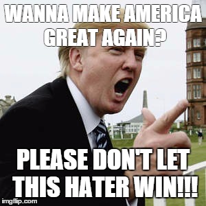 TRUMP? | WANNA MAKE AMERICA GREAT AGAIN? PLEASE DON'T LET THIS HATER WIN!!! | image tagged in donald trump,ben carson,republicans,chris christie,election 2016 | made w/ Imgflip meme maker