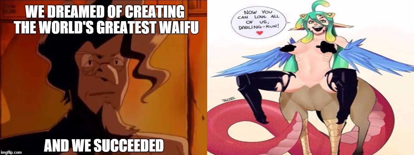 The Amalgam of Waifu | image tagged in pokemonthefirstmovie monstermusume professor fuji | made w/ Imgflip meme maker