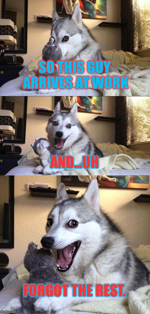 Bad Pun Dog | SO THIS GUY ARRIVES AT WORK; AND...UH; FORGOT THE REST. | image tagged in memes,bad pun dog | made w/ Imgflip meme maker
