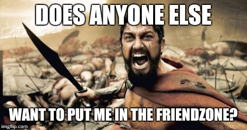 Sparta Leonidas Meme | DOES ANYONE ELSE; WANT TO PUT ME IN THE FRIENDZONE? | image tagged in memes,sparta leonidas | made w/ Imgflip meme maker