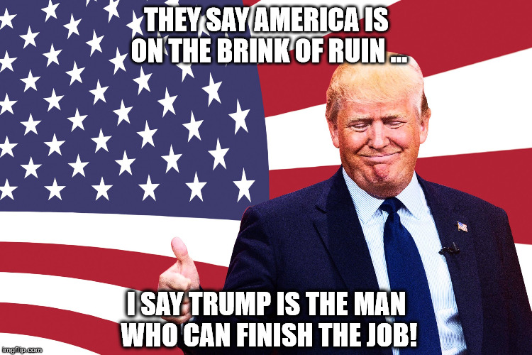 Trump's America On the Brink of Ruin  (Ver. 2) | THEY SAY AMERICA IS ON THE BRINK OF RUIN ... I SAY TRUMP IS THE MAN WHO CAN FINISH THE JOB! | image tagged in donald trump,trump,america,brink of ruin,brink of disaster,trump for president | made w/ Imgflip meme maker