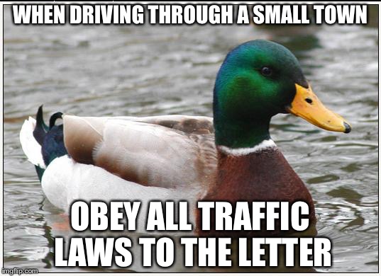 Actual Advice Mallard Meme | WHEN DRIVING THROUGH A SMALL TOWN; OBEY ALL TRAFFIC LAWS TO THE LETTER | image tagged in memes,actual advice mallard,AdviceAnimals | made w/ Imgflip meme maker