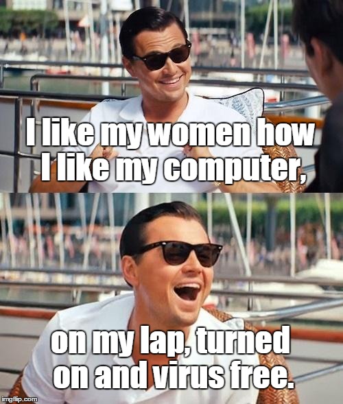 Leonardo Dicaprio Wolf Of Wall Street | I like my women how I like my computer, on my lap, turned on and virus free. | image tagged in memes,leonardo dicaprio wolf of wall street | made w/ Imgflip meme maker