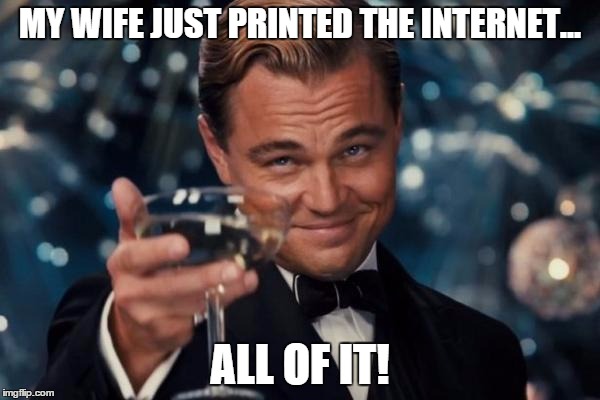 Leonardo Dicaprio Cheers Meme | MY WIFE JUST PRINTED THE INTERNET... ALL OF IT! | image tagged in memes,leonardo dicaprio cheers | made w/ Imgflip meme maker
