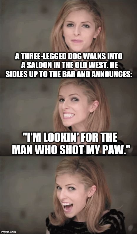 Bad Pun Anna Kendrick Meme | A THREE-LEGGED DOG WALKS INTO A SALOON IN THE OLD WEST. HE SIDLES UP TO THE BAR AND ANNOUNCES:; "I'M LOOKIN' FOR THE MAN WHO SHOT MY PAW." | image tagged in bad pun anna kendrick | made w/ Imgflip meme maker