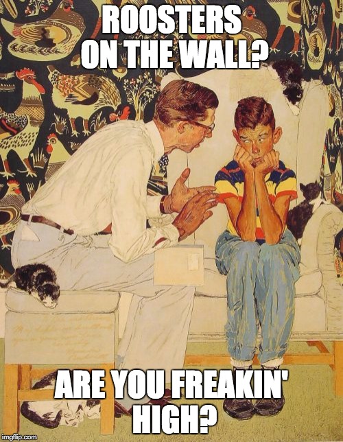 Are you? | ROOSTERS ON THE WALL? ARE YOU FREAKIN' HIGH? | image tagged in memes,the probelm is | made w/ Imgflip meme maker