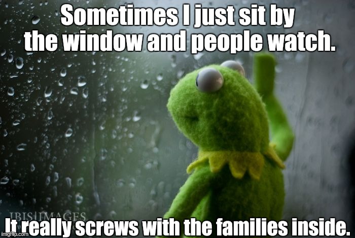 Baby it's cold outside. |  Sometimes I just sit by the window and people watch. It really screws with the families inside. | image tagged in kermit window,funny,memes,stuffed animal,muppets,creepy | made w/ Imgflip meme maker