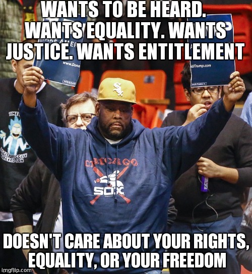 WANTS TO BE HEARD. WANTS EQUALITY. WANTS JUSTICE. WANTS ENTITLEMENT; DOESN'T CARE ABOUT YOUR RIGHTS, EQUALITY, OR YOUR FREEDOM | image tagged in trump,equality,memes | made w/ Imgflip meme maker