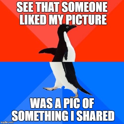 Socially Awesome Awkward Penguin | SEE THAT SOMEONE LIKED MY PICTURE; WAS A PIC OF SOMETHING I SHARED | image tagged in memes,socially awesome awkward penguin | made w/ Imgflip meme maker