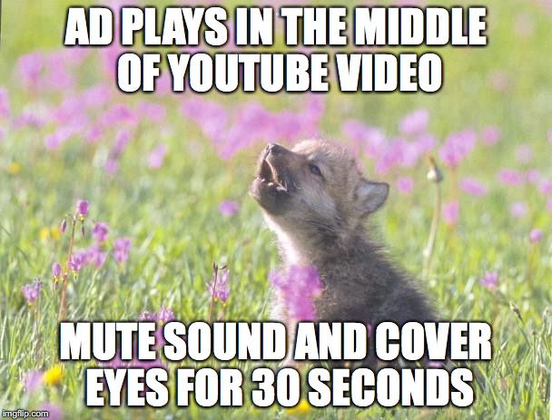 Baby Insanity Wolf | AD PLAYS IN THE MIDDLE OF YOUTUBE VIDEO; MUTE SOUND AND COVER EYES FOR 30 SECONDS | image tagged in memes,baby insanity wolf,AdviceAnimals | made w/ Imgflip meme maker