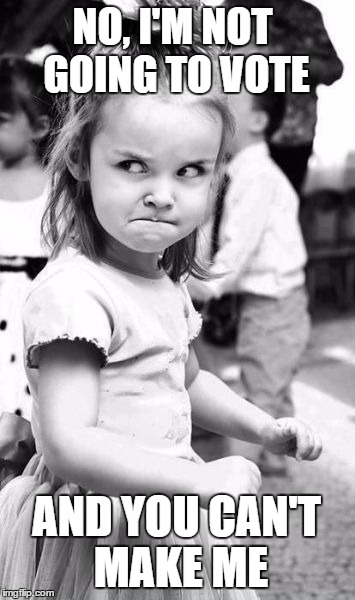 Angry Toddler doesn't seem to like the candidates | NO, I'M NOT GOING TO VOTE; AND YOU CAN'T MAKE ME | image tagged in memes,angry toddler,election 2016 | made w/ Imgflip meme maker