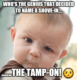 Skeptical Baby | WHO'S THE GENIUS THAT DECIDED TO NAME A SHOVE-IN.... ......THE TAMP-ON! 😯 | image tagged in memes,skeptical baby | made w/ Imgflip meme maker