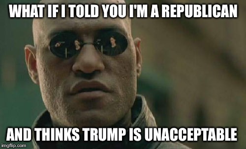 WHAT IF I TOLD YOU I'M A REPUBLICAN AND THINKS TRUMP IS UNACCEPTABLE | image tagged in memes,matrix morpheus | made w/ Imgflip meme maker