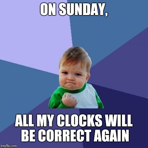 Success Kid | ON SUNDAY, ALL MY CLOCKS WILL BE CORRECT AGAIN | image tagged in memes,success kid | made w/ Imgflip meme maker