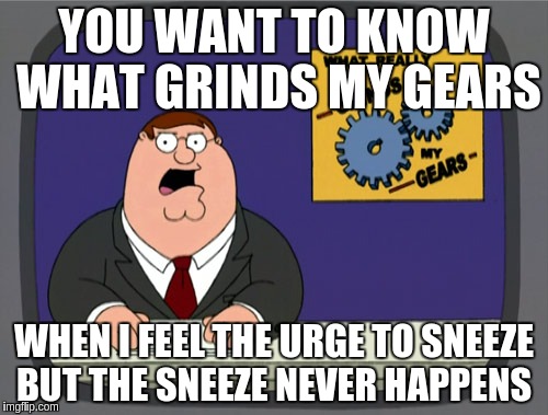 Peter Griffin News | YOU WANT TO KNOW WHAT GRINDS MY GEARS; WHEN I FEEL THE URGE TO SNEEZE BUT THE SNEEZE NEVER HAPPENS | image tagged in memes,peter griffin news | made w/ Imgflip meme maker