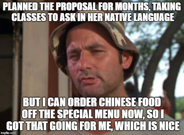 So I Got That Goin For Me Which Is Nice Meme | PLANNED THE PROPOSAL FOR MONTHS, TAKING CLASSES TO ASK IN HER NATIVE LANGUAGE; BUT I CAN ORDER CHINESE FOOD OFF THE SPECIAL MENU NOW, SO I GOT THAT GOING FOR ME, WHICH IS NICE | image tagged in memes,so i got that goin for me which is nice,AdviceAnimals | made w/ Imgflip meme maker