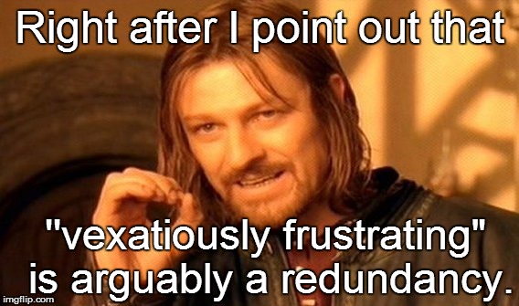 One Does Not Simply Meme | Right after I point out that ''vexatiously frustrating" is arguably a redundancy. | image tagged in memes,one does not simply | made w/ Imgflip meme maker