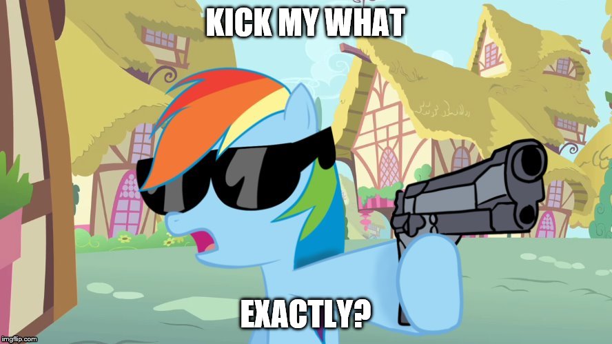 KICK MY WHAT EXACTLY? | image tagged in rainbow dash say that again | made w/ Imgflip meme maker