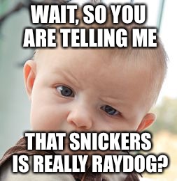 WAIT, SO YOU ARE TELLING ME THAT SNICKERS IS REALLY RAYDOG? | image tagged in memes,skeptical baby | made w/ Imgflip meme maker