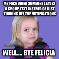 MY FACE WHEN SOMEONE LEAVES A GROUP TEXT INSTEAD OF JUST TURNING OFF THE NOTIFICATIONS; WELL.... BYE FELICIA | made w/ Imgflip meme maker