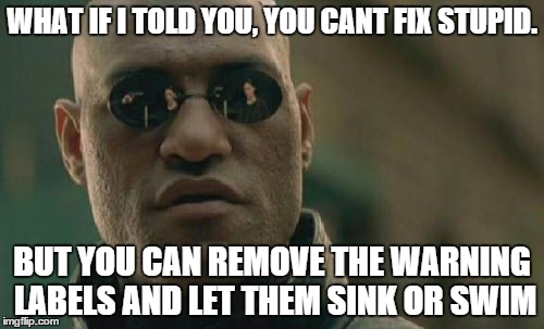 Matrix Morpheus | WHAT IF I TOLD YOU, YOU CANT FIX STUPID. BUT YOU CAN REMOVE THE WARNING LABELS AND LET THEM SINK OR SWIM | image tagged in memes,matrix morpheus | made w/ Imgflip meme maker