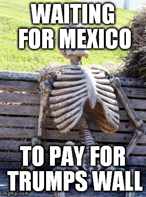 Waiting Skeleton Meme | WAITING FOR MEXICO; TO PAY FOR TRUMPS WALL | image tagged in memes,waiting skeleton | made w/ Imgflip meme maker