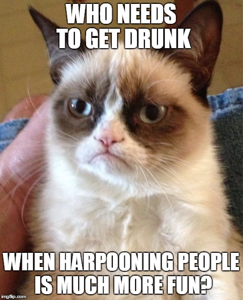 Grumpy Cat Meme | WHO NEEDS TO GET DRUNK WHEN HARPOONING PEOPLE IS MUCH MORE FUN? | image tagged in memes,grumpy cat | made w/ Imgflip meme maker