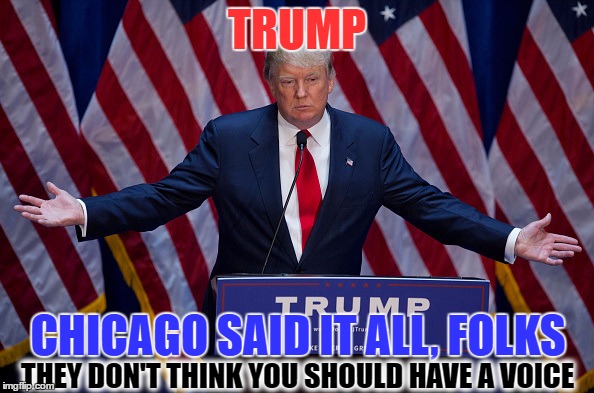 Donald Trump let's show them at the polls | TRUMP; CHICAGO SAID IT ALL, FOLKS; THEY DON'T THINK YOU SHOULD HAVE A VOICE | image tagged in donald trump,memes | made w/ Imgflip meme maker