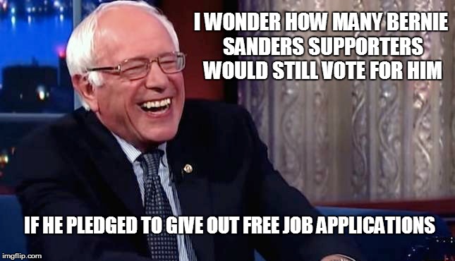 sanders | I WONDER HOW MANY BERNIE SANDERS SUPPORTERS WOULD STILL VOTE FOR HIM; IF HE PLEDGED TO GIVE OUT FREE JOB APPLICATIONS | image tagged in i have no idea what i am doing | made w/ Imgflip meme maker