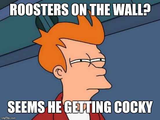 Futurama Fry Meme | ROOSTERS ON THE WALL? SEEMS HE GETTING COCKY | image tagged in memes,futurama fry | made w/ Imgflip meme maker