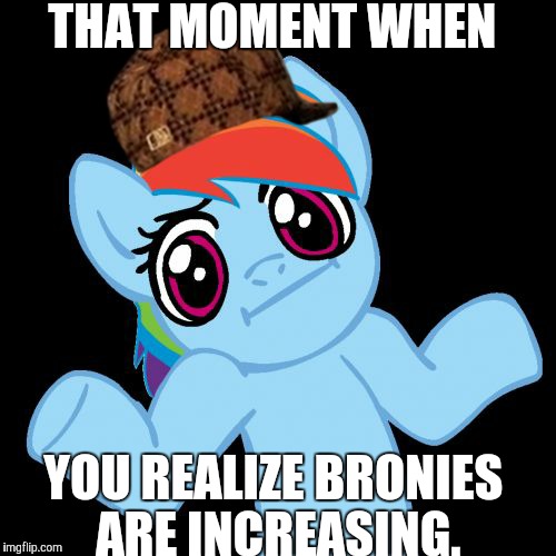 Pony Shrugs Meme | THAT MOMENT WHEN; YOU REALIZE BRONIES ARE INCREASING. | image tagged in memes,pony shrugs,scumbag | made w/ Imgflip meme maker
