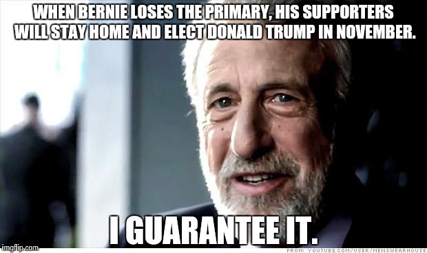 I Guarantee It Meme | WHEN BERNIE LOSES THE PRIMARY, HIS SUPPORTERS WILL STAY HOME AND ELECT DONALD TRUMP IN NOVEMBER. I GUARANTEE IT. | image tagged in memes,i guarantee it | made w/ Imgflip meme maker