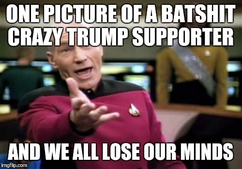 Picard Wtf | ONE PICTURE OF A BATSHIT CRAZY TRUMP SUPPORTER; AND WE ALL LOSE OUR MINDS | image tagged in memes,picard wtf | made w/ Imgflip meme maker