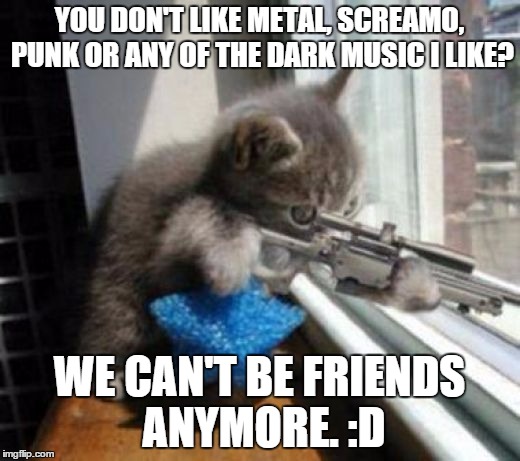 Cats with Guns | YOU DON'T LIKE METAL, SCREAMO, PUNK OR ANY OF THE DARK MUSIC I LIKE? WE CAN'T BE FRIENDS ANYMORE. :D | image tagged in cats with guns | made w/ Imgflip meme maker