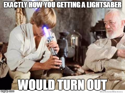 Luke lightsaber Fail | EXACTLY HOW YOU GETTING A LIGHTSABER; WOULD TURN OUT | image tagged in luke lightsaber fail | made w/ Imgflip meme maker