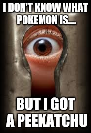 Whats a pokemon? | I DON'T KNOW WHAT POKEMON IS.... BUT I GOT A PEEKATCHU | image tagged in peekatchu,memes,funny,pokemon | made w/ Imgflip meme maker