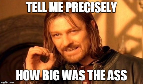 One Does Not Simply | TELL ME PRECISELY; HOW BIG WAS THE ASS | image tagged in memes,one does not simply | made w/ Imgflip meme maker