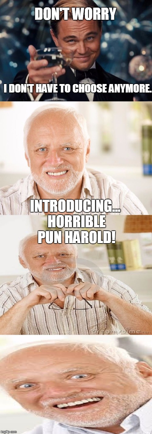 DON'T WORRY I DON'T HAVE TO CHOOSE ANYMORE. INTRODUCING... HORRIBLE PUN HAROLD! | made w/ Imgflip meme maker
