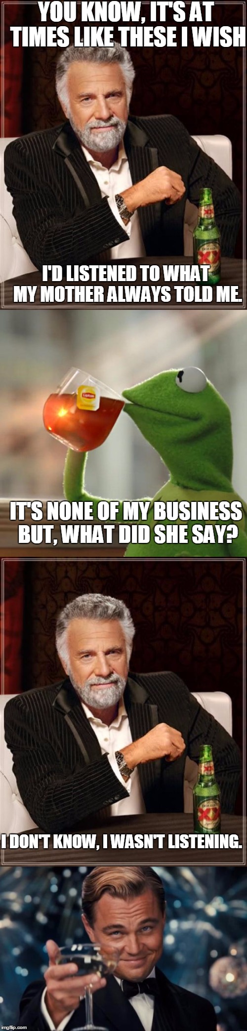 YOU KNOW, IT'S AT TIMES LIKE THESE I WISH; I'D LISTENED TO WHAT MY MOTHER ALWAYS TOLD ME. IT'S NONE OF MY BUSINESS BUT, WHAT DID SHE SAY? I DON'T KNOW, I WASN'T LISTENING. | image tagged in the most interesting man in the world,kermit the frog,leonardo dicaprio cheers | made w/ Imgflip meme maker