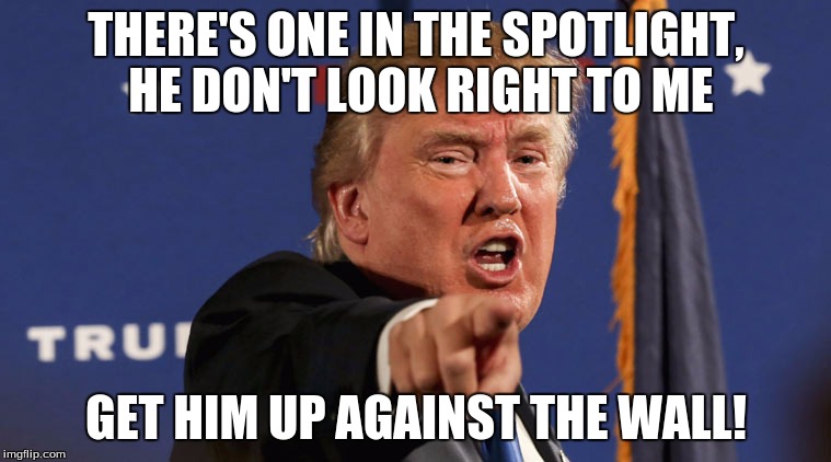 Trump the Racist | THERE'S ONE IN THE SPOTLIGHT, HE DON'T LOOK RIGHT TO ME; GET HIM UP AGAINST THE WALL! | image tagged in trump the racist | made w/ Imgflip meme maker