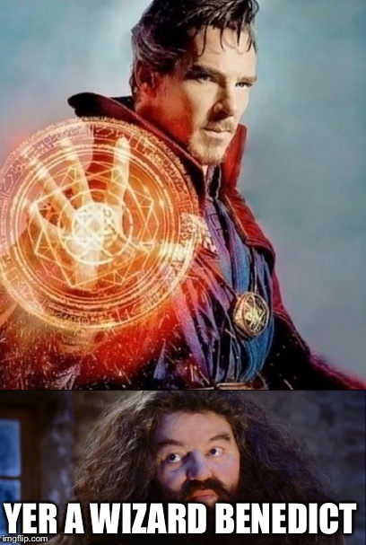 Hagrid Informing Benedict of Something He Already Knows | YER A WIZARD BENEDICT | image tagged in dr strange,benedict cumberbatch,hagrid | made w/ Imgflip meme maker