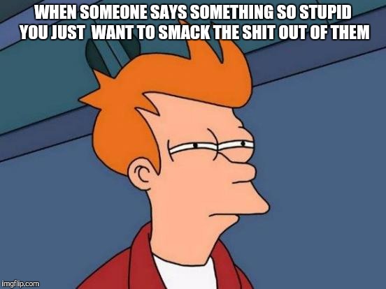 Futurama Fry | WHEN SOMEONE SAYS SOMETHING SO STUPID YOU JUST 
WANT TO SMACK THE SHIT OUT OF THEM | image tagged in memes,futurama fry | made w/ Imgflip meme maker
