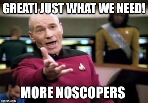 Picard Wtf | GREAT! JUST WHAT WE NEED! MORE NOSCOPERS | image tagged in memes,picard wtf | made w/ Imgflip meme maker