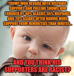 Skeptical Baby Meme | TRUMP WON NEVADA WITH HISPANIC SUPPORT, AND POLLING SHOWS HIM FAVORED BY 40% BLACKS, 45% HISPANIC, AND 20% ASIANS OFTEN HAVING MORE SUPPORF  | image tagged in memes,skeptical baby | made w/ Imgflip meme maker