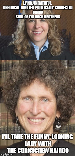 Wisconsin Supreme Court Race | LYING, UNFAITHFUL, UNETHICAL, BIGOTED, POLITICALLY-CONNECTED BIMBO SHILL OF THE KOCH BROTHERS; I'LL TAKE THE FUNNY-LOOKING LADY WITH THE CORKSCREW HAIRDO | image tagged in liberals,supreme court,conservatives,wisconsin | made w/ Imgflip meme maker