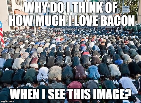 Muslims in EU | WHY DO I THINK OF HOW MUCH I LOVE BACON; WHEN I SEE THIS IMAGE? | image tagged in muslims in eu | made w/ Imgflip meme maker