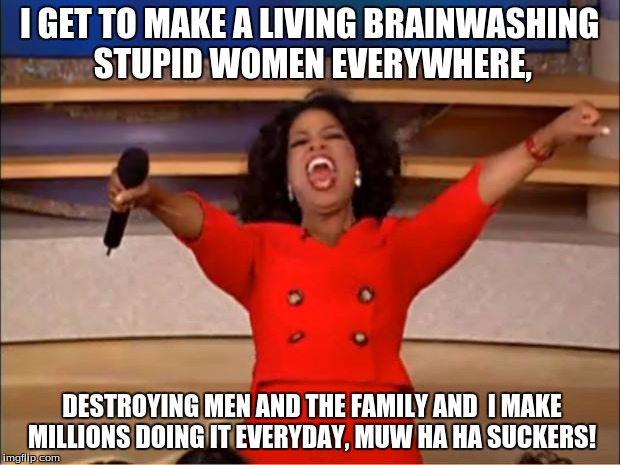 feminist conspiracy | I GET TO MAKE A LIVING BRAINWASHING STUPID WOMEN EVERYWHERE, DESTROYING MEN AND THE FAMILY AND  I MAKE MILLIONS DOING IT EVERYDAY, MUW HA HA SUCKERS! | image tagged in memes,oprah you get a | made w/ Imgflip meme maker