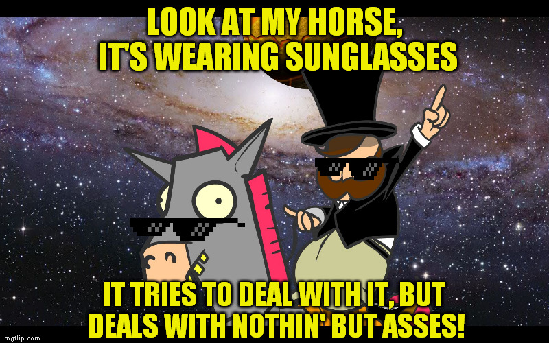 Mr Weebl Amazing Horse All the other places too | LOOK AT MY HORSE, IT'S WEARING SUNGLASSES; IT TRIES TO DEAL WITH IT, BUT DEALS WITH NOTHIN' BUT ASSES! | image tagged in mr weebl amazing horse all the other places too,deal with it,lemonade | made w/ Imgflip meme maker