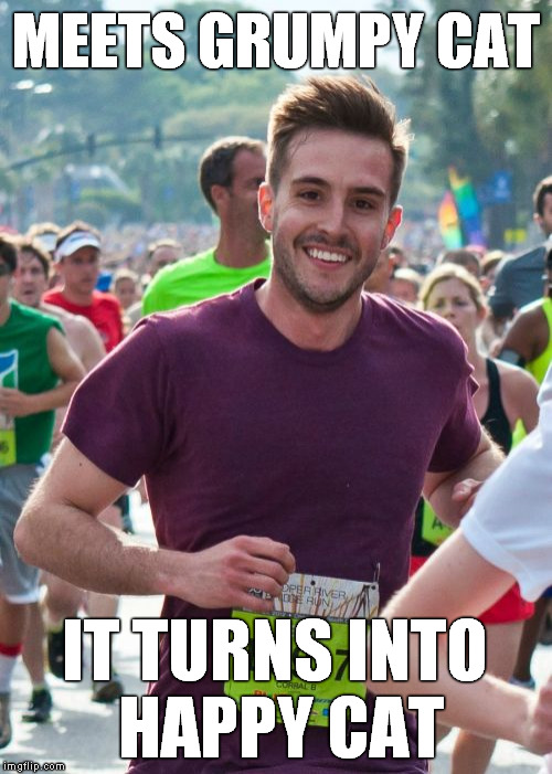 Ridiculously Photogenic Guy |  MEETS GRUMPY CAT; IT TURNS INTO HAPPY CAT | image tagged in memes,ridiculously photogenic guy | made w/ Imgflip meme maker