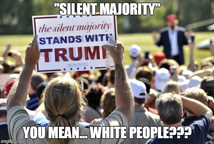 #LetsMakeFascismGreatAgain | "SILENT MAJORITY"; YOU MEAN... WHITE PEOPLE??? | image tagged in donald trump,fascism,hitler,funny,politics,memes | made w/ Imgflip meme maker